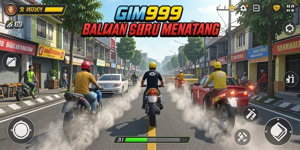 Tampilan gameplay GIM999 yang mendebarkan dengan balapan yang intens.