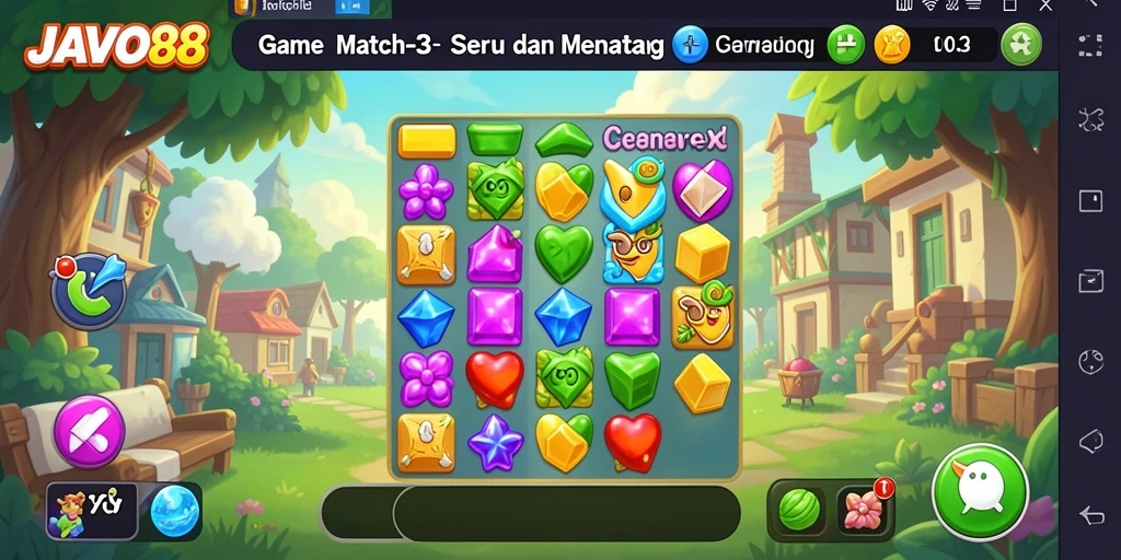 Screenshot menampilkan permainan Match-3 yang seru dan penuh warna.