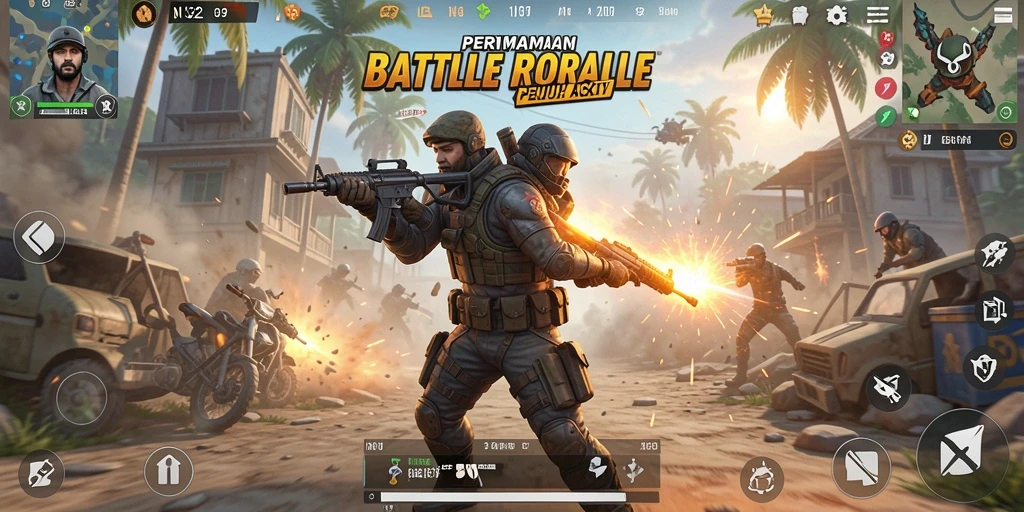 Screenshot gameplay N32 menampilkan pertarungan seru di arena Battle Royale.