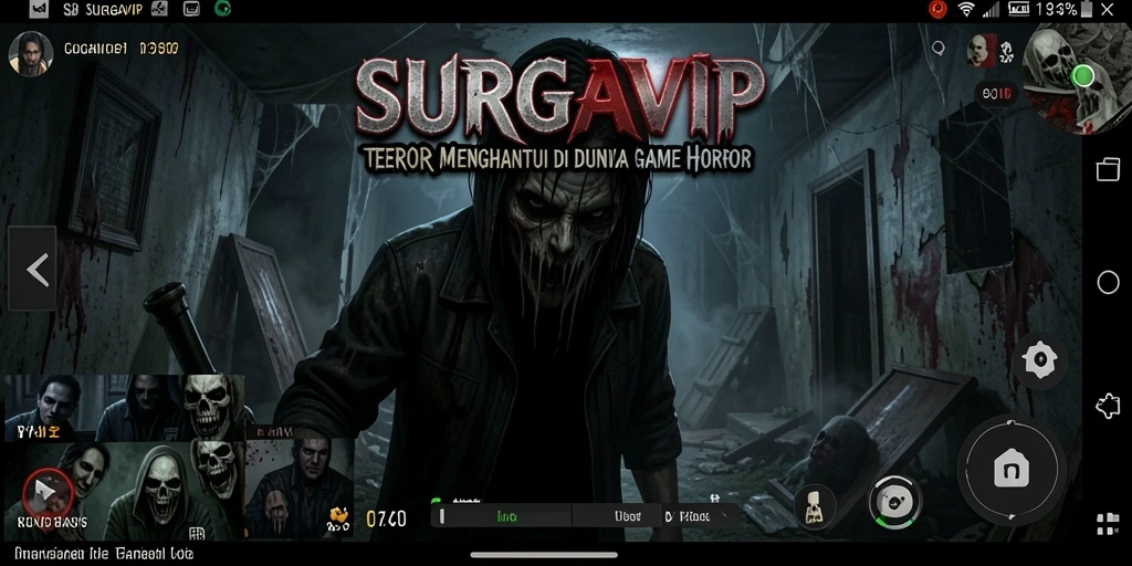 Screenshot utama SURGAVIP menampilkan suasana menyeramkan dengan gameplay yang intens.